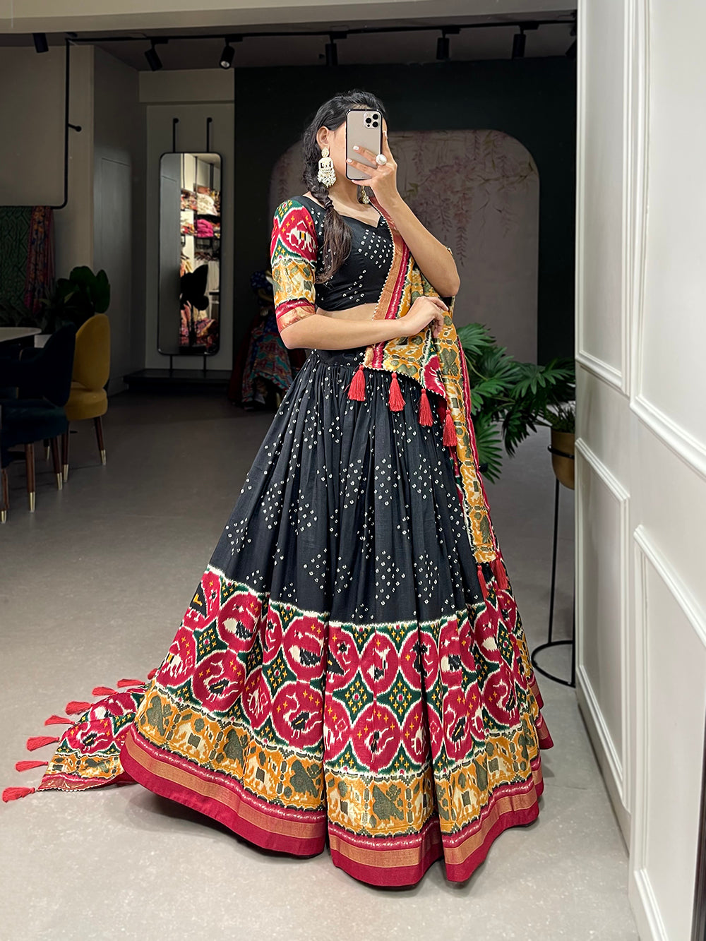 Black Color Patola Print With Foil Work Tussar Silk Lehenga Choli ClothsVilla.com
