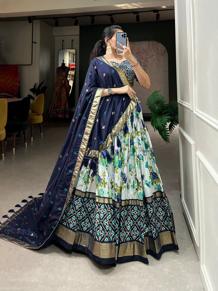 Navy Blue Color Floral And Patola Printed With Foil Work Tussar Silk Traditional Lehenga Choli Clothsvilla