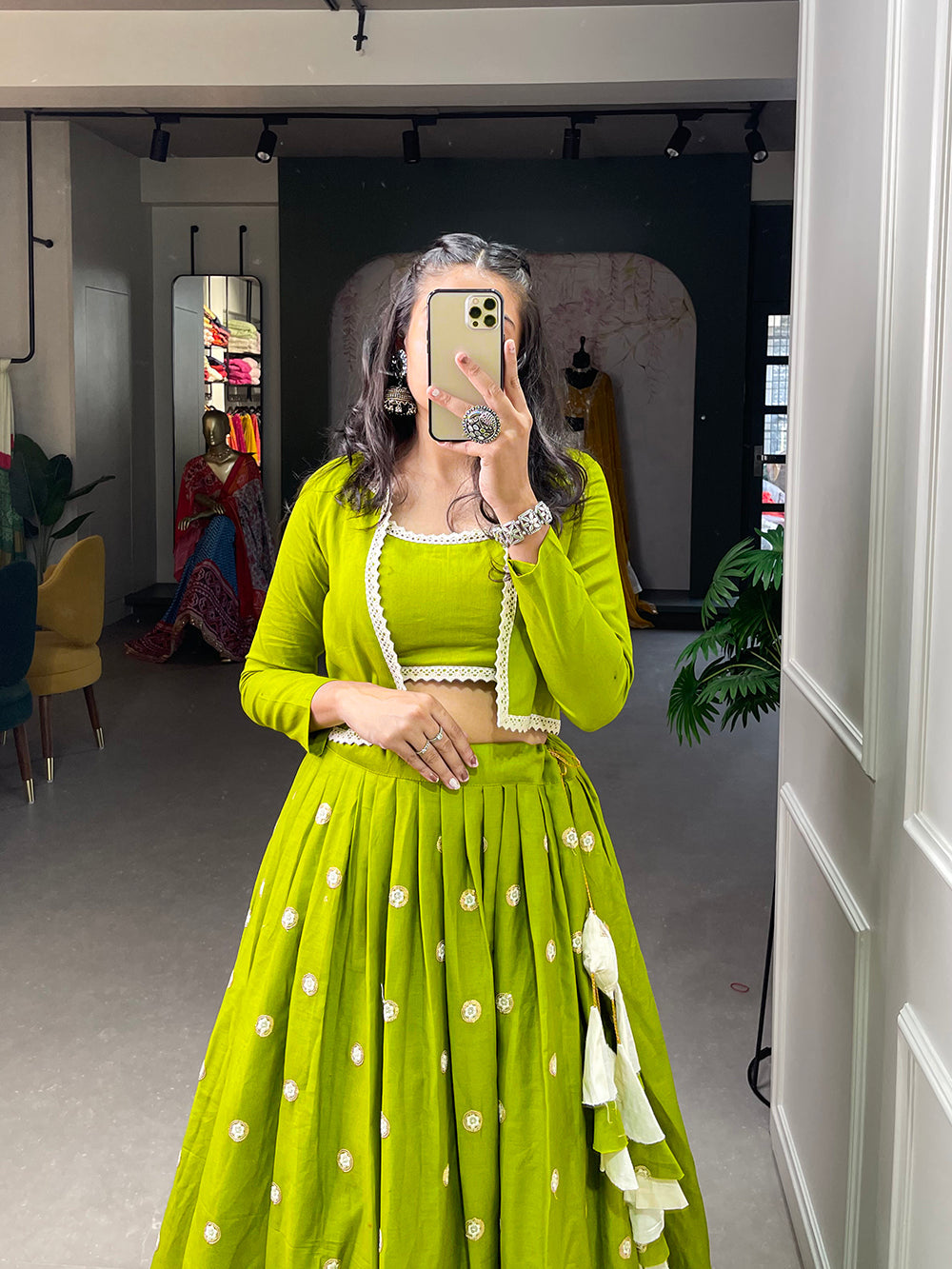 Parrot Color Sequins And Lucknowi Work Cotton Co-Ord Set Lehenga Choli ClothsVilla.com