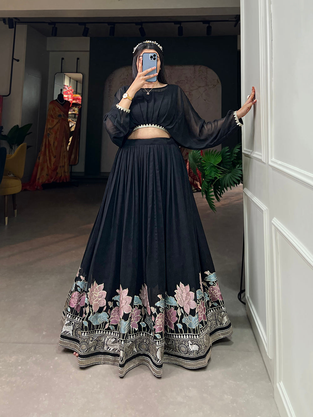 Black Color Sequins And Thread Embroidery Work Georgette Lehenga Choli Clothsvilla