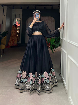 Black Color Sequins And Thread Embroidery Work Georgette Lehenga Choli Clothsvilla