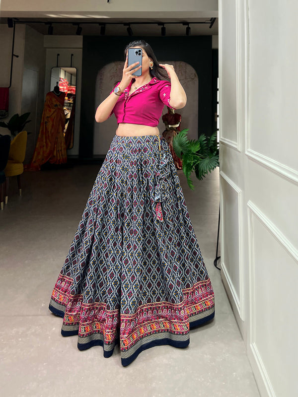 Navy Blue Color Patola With Foil Print Rayon Cotton Co-ord Set Lehenga Choli Clothsvilla