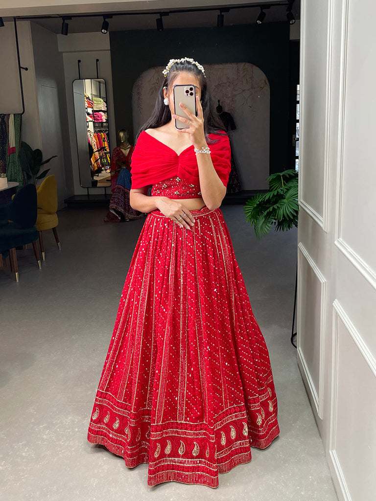 Red Color Sequins and Embroidery Thread Work Georgette Co-Ord Set Lehenga Choli ClothsVilla.com