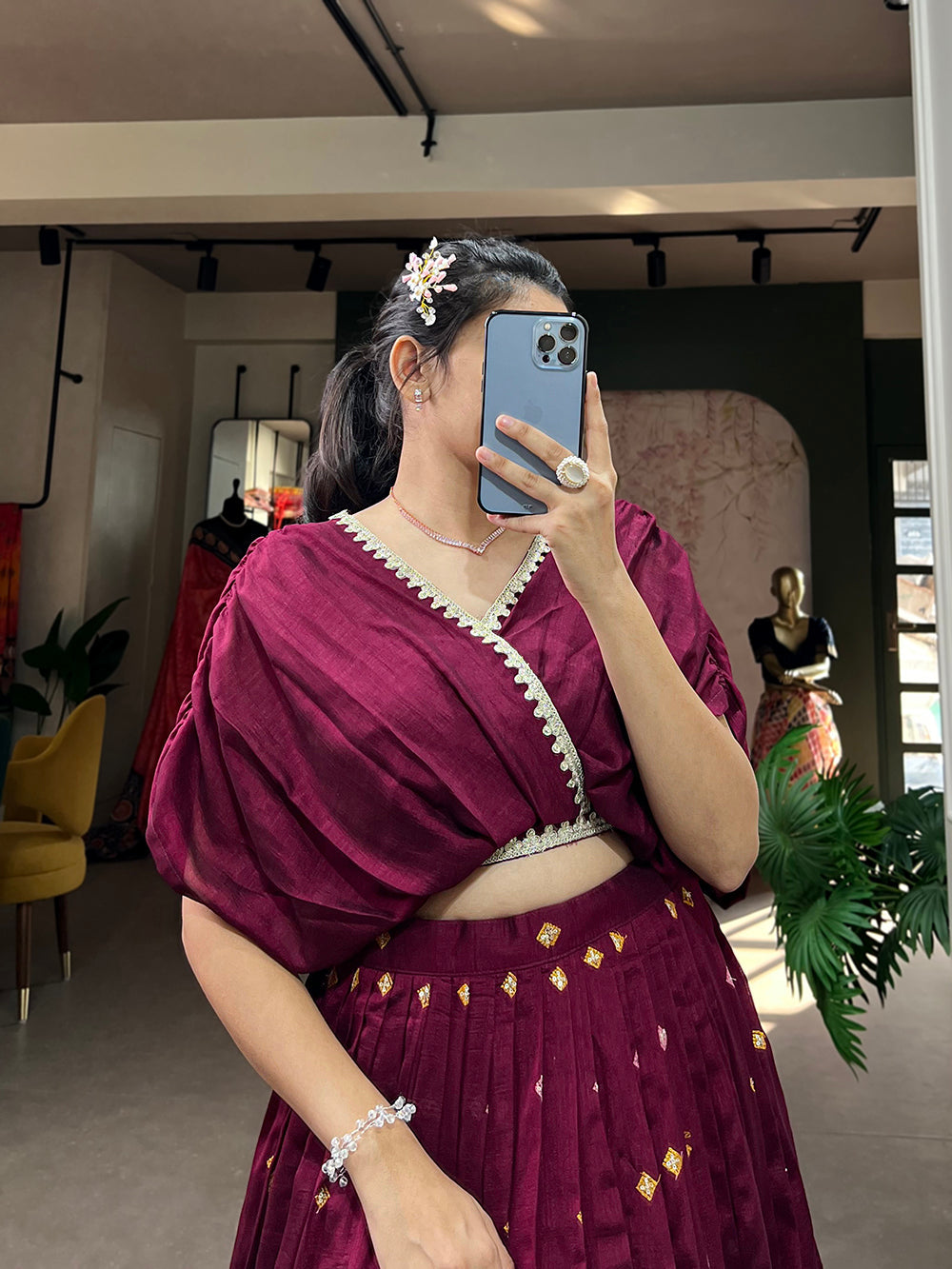 Wine Color Thread Embroidery Work Vichitra Silk Lehenga Choli Clothsvilla