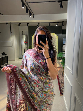 Grey Color Floral & Foil Work Gaji Silk Saree Clothsvilla