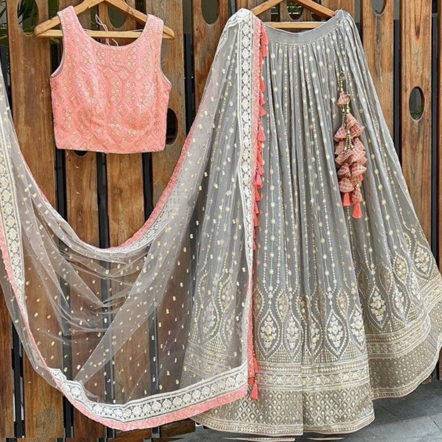 Grey color Lehenga choli with Peach Blouse and Net Dupatta ClothsVilla Main image