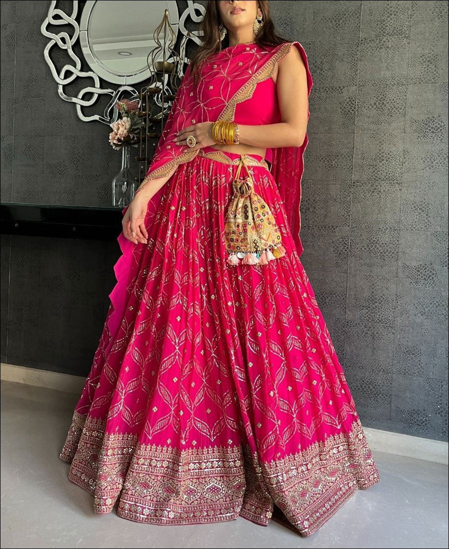 Dark Pink Georgette Lehenga Choli with Coding and Sequence work Secondary image
