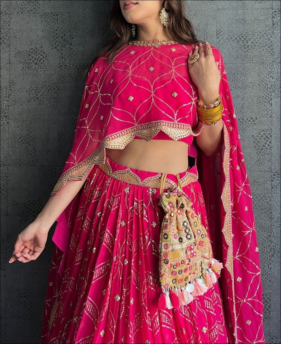 Dark Pink Georgette Lehenga Choli with Coding and Sequence work ClothsVilla
