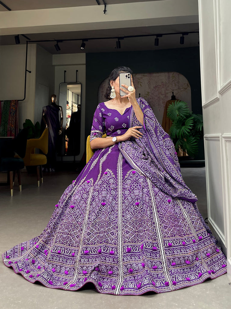 Purple Color Bandhej  Printed With Gota Patti Vaishali Silk Lehenga Choli ClothsVilla.com