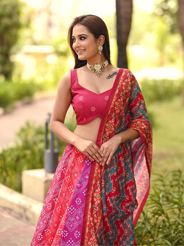 Red Color Printed Vaishali Silk Lehenga Set With Muslin Silk Dupatta Clothsvilla