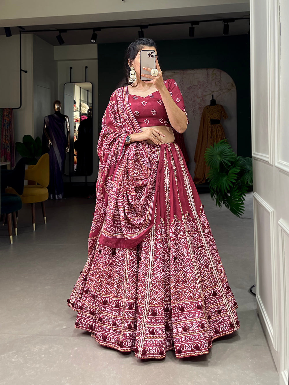 Maroon Color Bandhej Printed With Gota Patti Vaishali Silk Lehenga Choli ClothsVilla.com