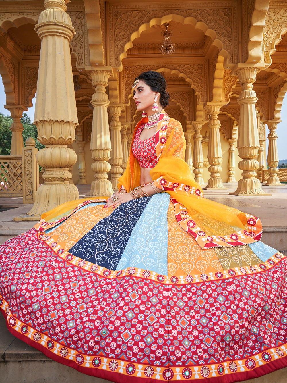 Multi Color Printed & Real Mirror With Gota Pati Work Vaishali Silk Lehenga Clothsvilla