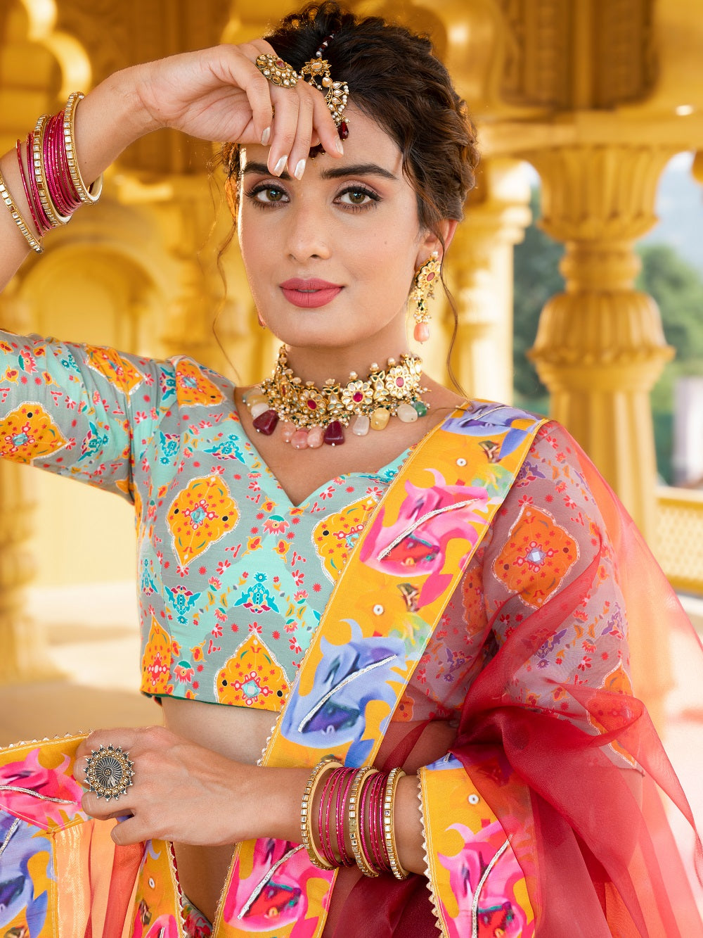 Sky Blue Color Printed & Real Mirror With Gota Pati Work Vaishali Silk Lehenga Clothsvilla