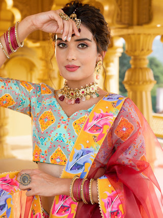 Sky Blue Color Printed & Real Mirror With Gota Pati Work Vaishali Silk Lehenga Clothsvilla