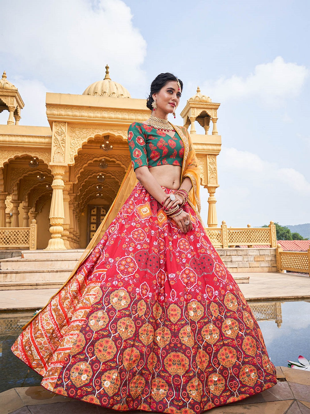 Red Color Printed Vaishali Silk Lehenga Choli Set Clothsvilla