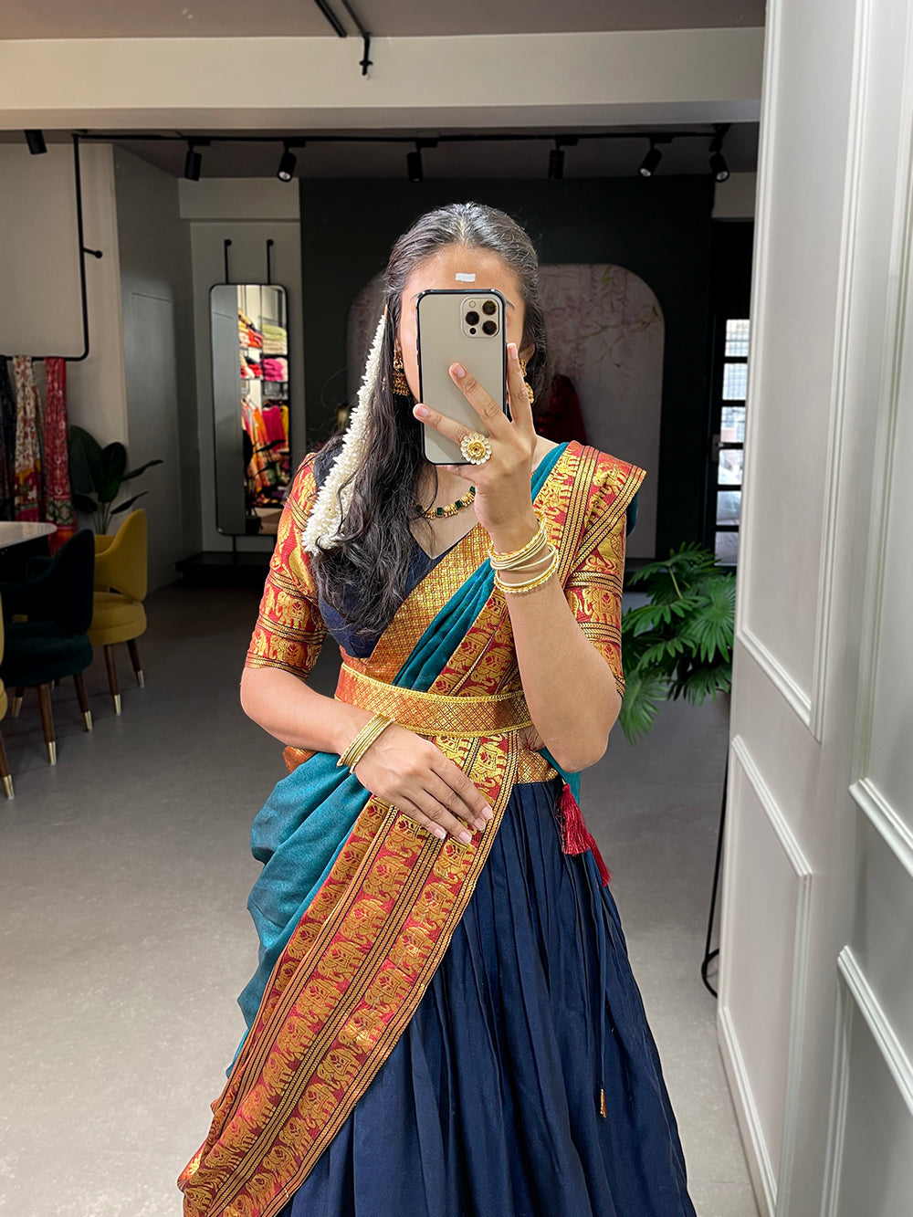 Navy Blue Color Zari Weaving Work Narayan Pet (Cotton) South Indian Lehenga Choli ClothsVilla.com