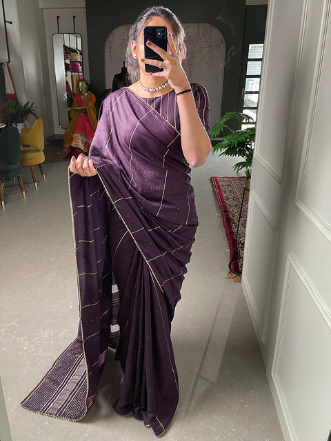 Wine Sequins And Zari Work Viscose Chanderi Saree Clothsvilla Main image
