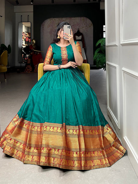 Firozi Color Weaving Work Rangoli Silk Gown – garment villa