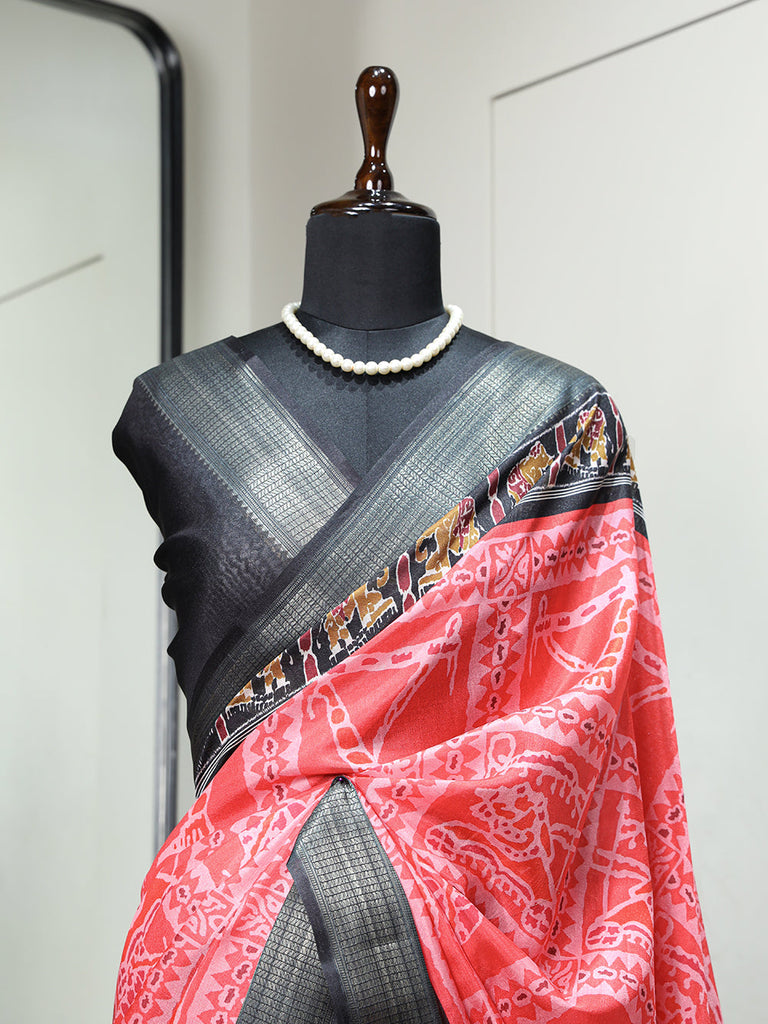 Salmon Color Printed With Zari Border Dola Silk Festive Wear Saree Clothsvilla