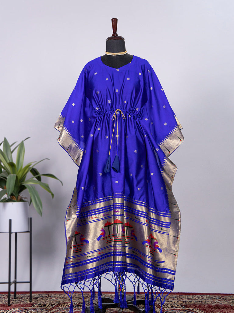 Blue Color Weaving Zari Work Jacquard Paithani Kaftan Dress Blue Color Weaving Zari Work Jacquard Paithani Kaftan Dress