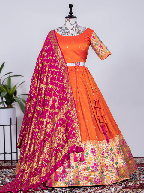 Orange Color Weaving Zari Work Jacquard Paithani Lehenga Choli Clothsvilla Main image
