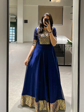 Navy Blue Color Weaving Zari Work rangoli Silk Gown Dress Clothsvilla