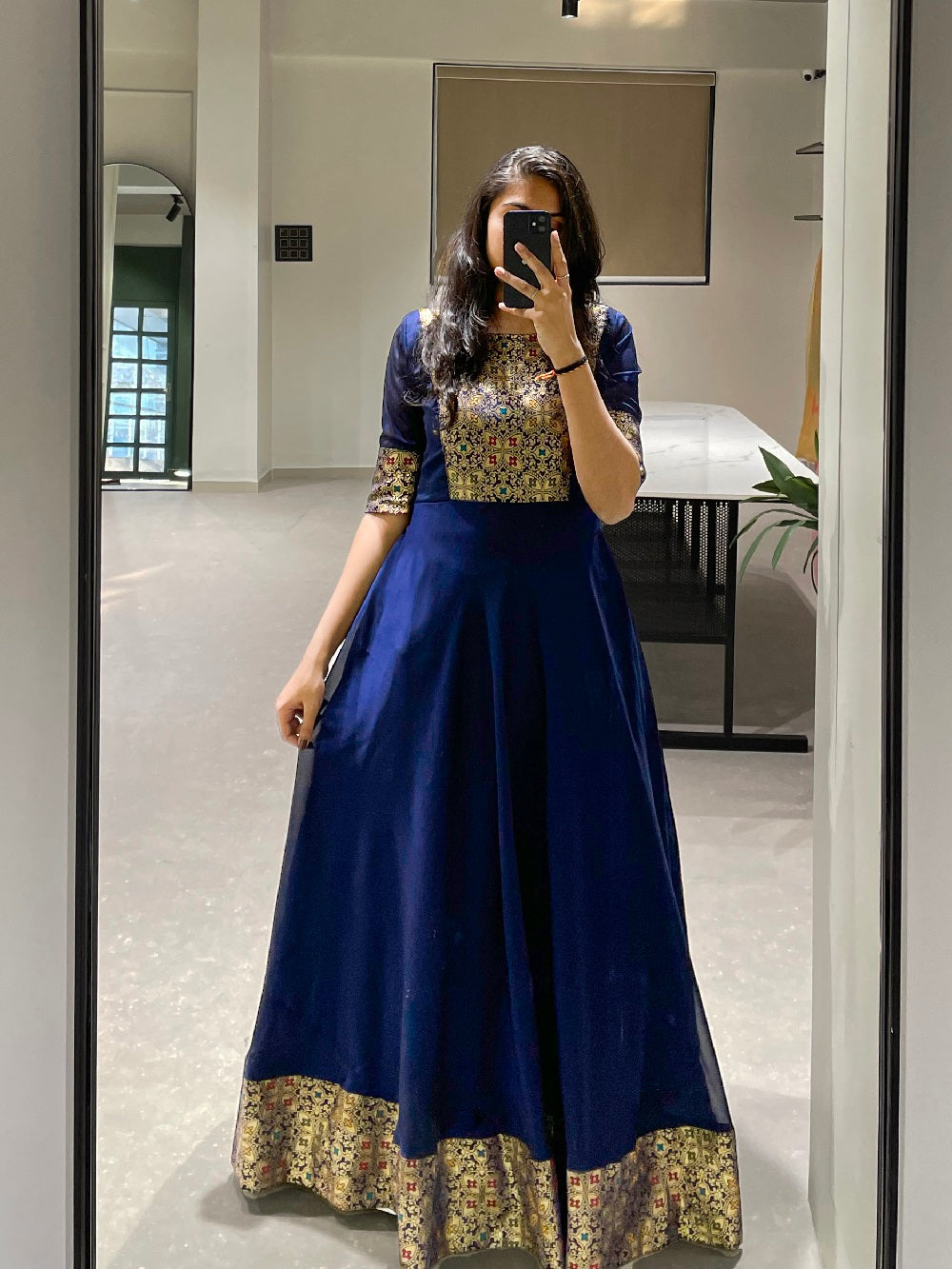 Navy Blue Color Weaving Zari Work rangoli Silk Gown Dress
