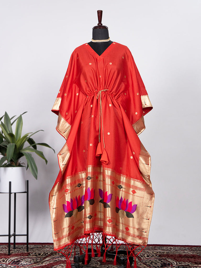 Red Color Weaving Zari Work Jacquard Paithani Kaftan Dress Clothsvilla
