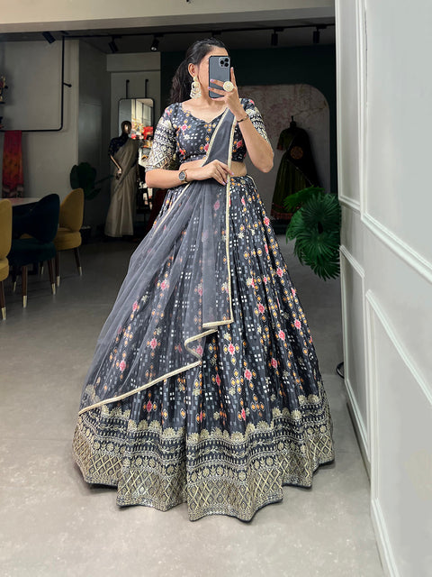 Grey Color Digital Printed Sequins And Embroider Work Chinon Brides Maids Lehenga Choli Clothsvilla Main image