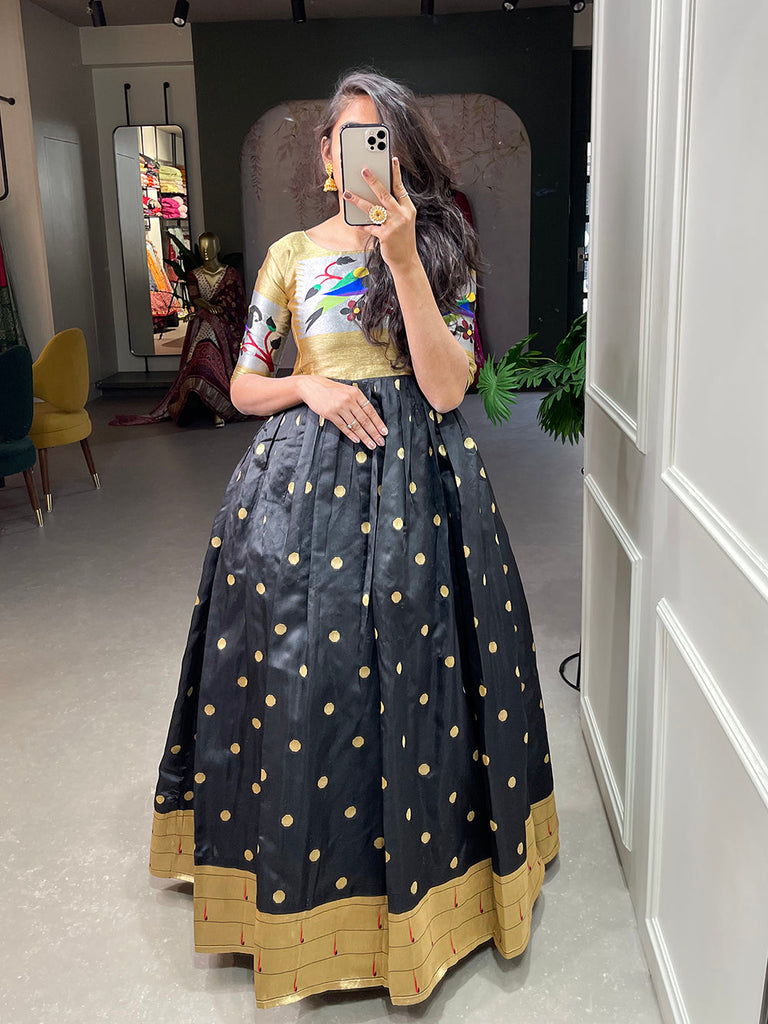 formal & gown paithani dress for women Gown collection* Woven with threads of tradition and dreams, the Jacquard silk Paithani dress embodies timeless elegance. *YNF5302PNK* *YNF5302PRL* *YNF5302ONG* *YNF5302RED* *Gown(Stitched)* Gown Fabric : Jacquard Silk Chest : 40" (Inside 2