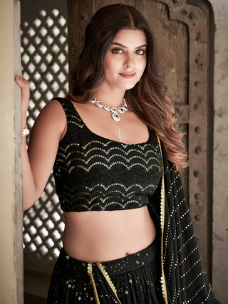 Black Color Lucknowi Thread & Sequins Embroidery Work Georgette Lehenga Choli ClothsVilla.com