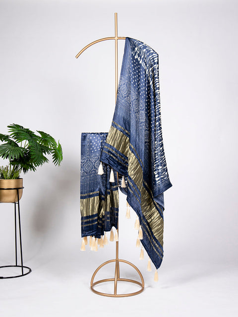 Navy Blue Color Digital Print And Lagadi Patta Gaji Silk Dupatta ClothsVilla.com Main image