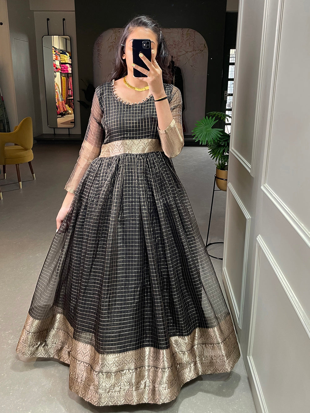 Black Color Zari Weaving Work Organza Chex Gown Clothsvilla Main image