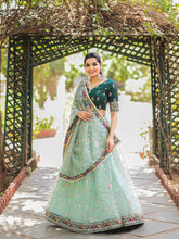 Load image into Gallery viewer, Pista Color Thread Embroidery Work With Lace Border Organza Lehenga Choli ClothsVilla.com