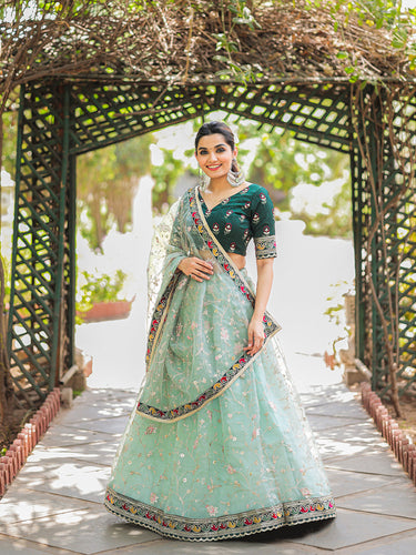 Pista Color Thread Embroidery Work With Lace Border Organza Lehenga Choli ClothsVilla.com