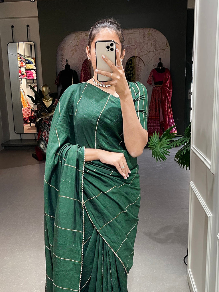 Green Color Sequins And Zari Work Viscose Chanderi Saree Clothsvilla