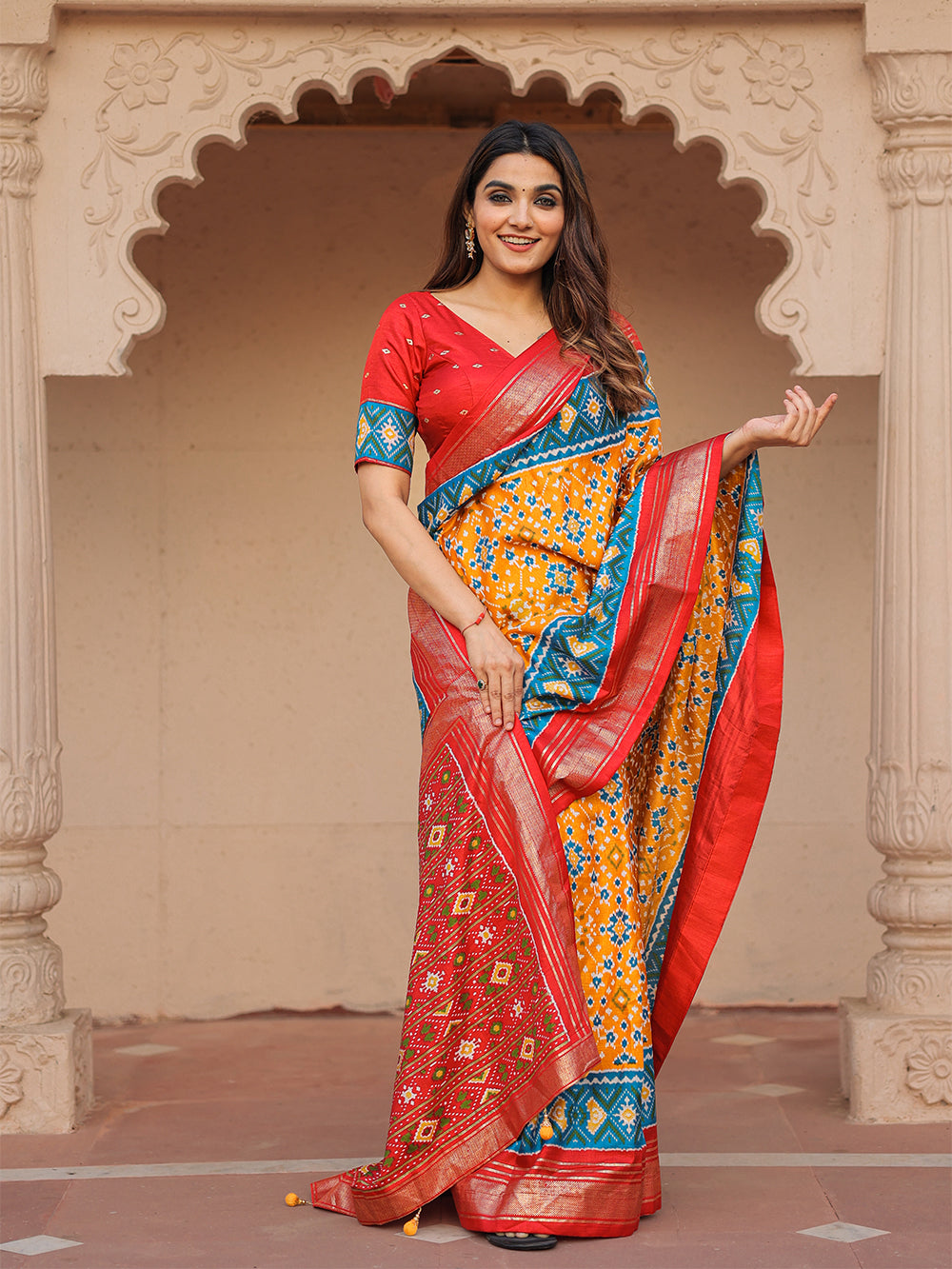 Mustard Color Patola with Foil Printed Dola Silk Saree Clothsvilla