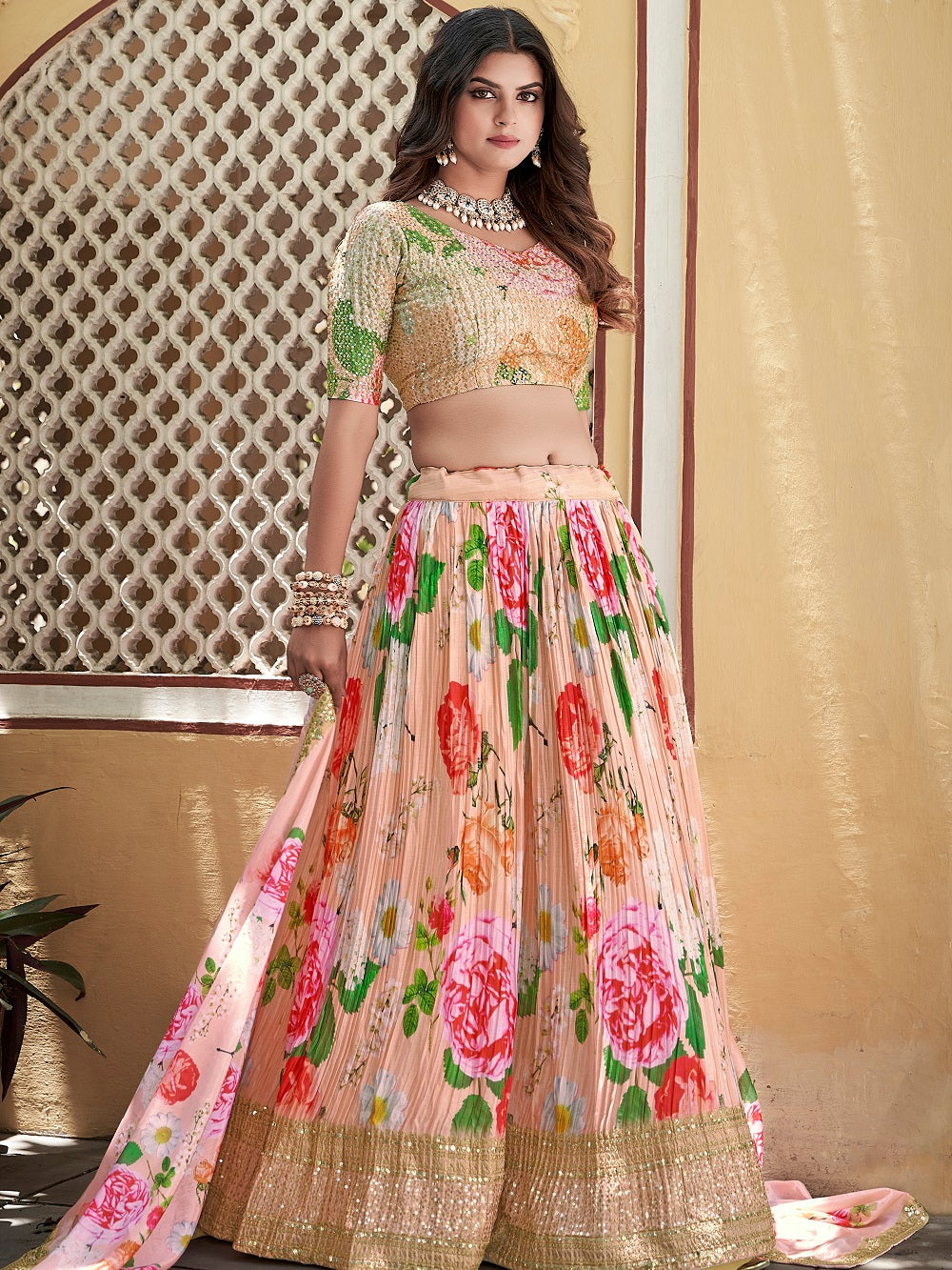 Peach Color Digital Print With Sequins Embroidery Work Crushed Chinon Lehenga Choli Secondary image