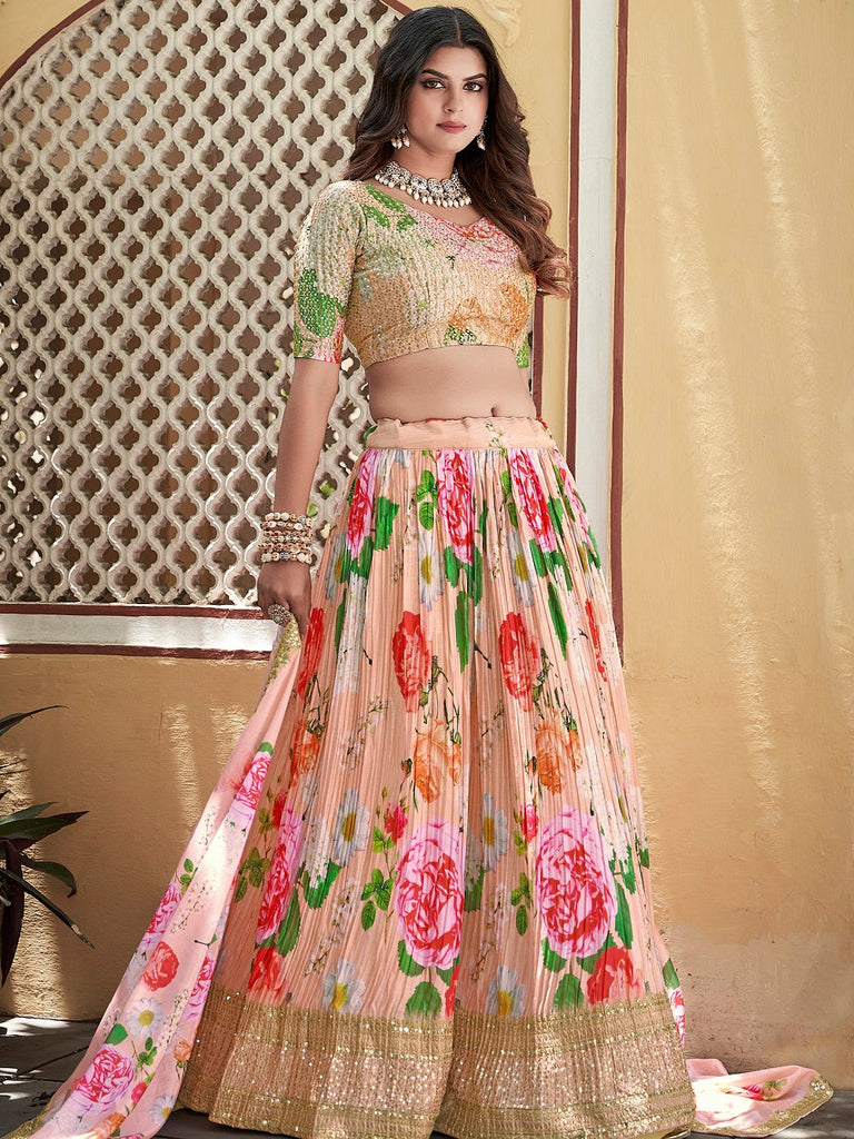 Peach Color Digital Print With Sequins Embroidery Work Crushed Chinon Lehenga Choli ClothsVilla.com