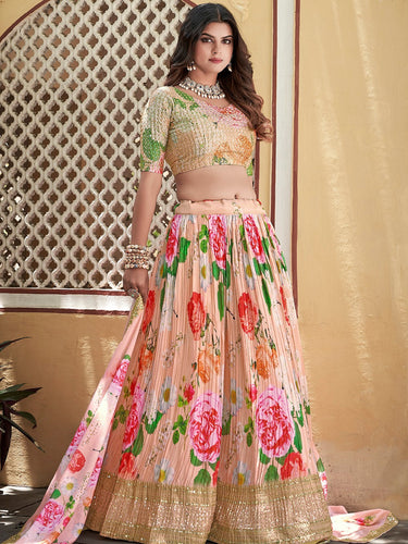 Peach Color Digital Print With Sequins Embroidery Work Crushed Chinon Lehenga Choli ClothsVilla.com
