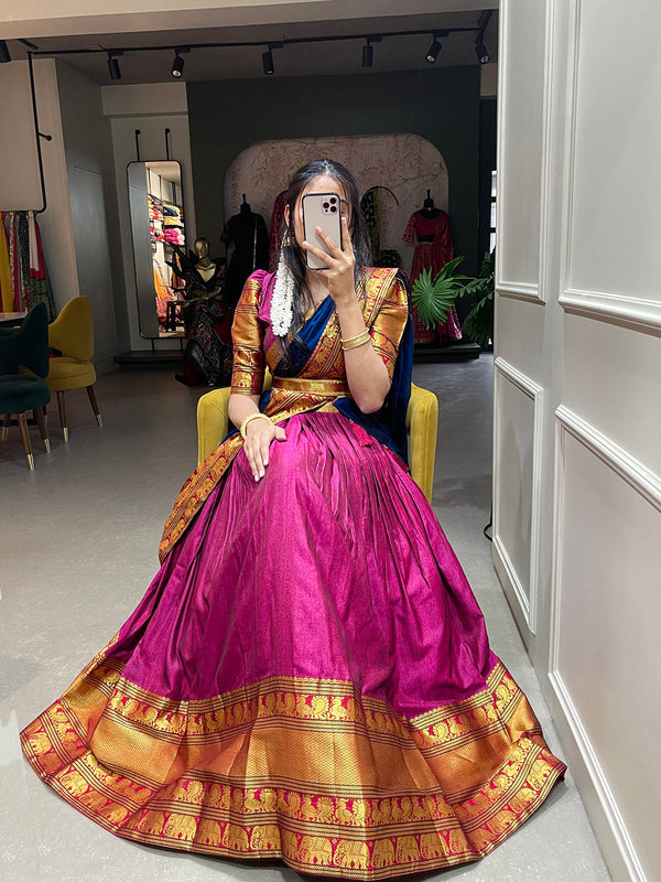 Pink Color Zari Weaving Work Narayan Pet Cotton South Indian Lehenga Clothsvilla