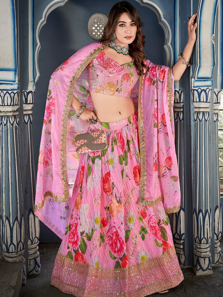 Pink Color Digital Print With Sequins Embroidery Work Crushed Chinon Lehenga Choli ClothsVilla.com