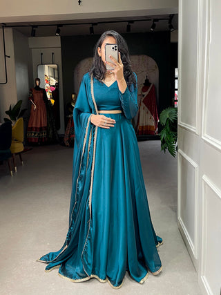 Teal Color Plain With Lace Border Rangoli Silk Lehenga Choli Set ClothsVilla
