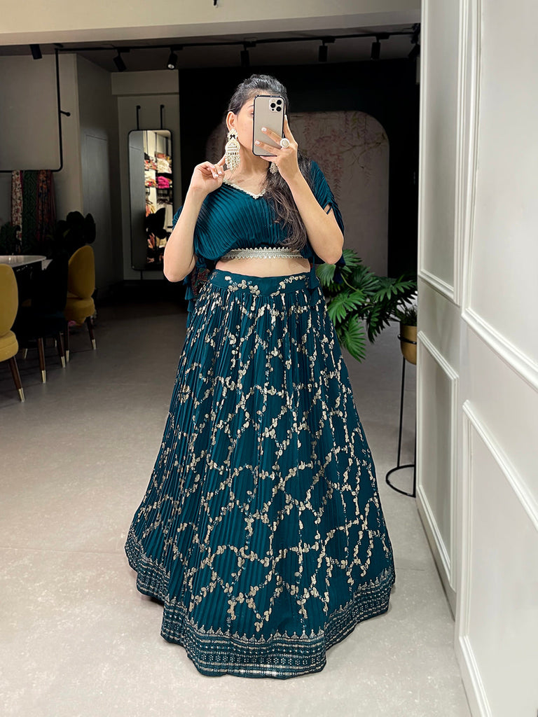 Teal Color Sequins And Thread Embroidery Work Crushed Georgette Co-Ord Set Lehenga Choli ClothsVilla