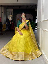 Load image into Gallery viewer, Yellow Color Zari Weaving Work Organza Lehenga Choli ClothsVilla.com