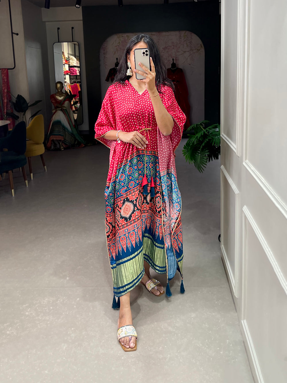 Red Color Ajrakh Printed Gaji Silk Kaftan ClothsVilla