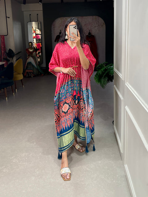 Red Color Ajrakh Printed Gaji Silk Kaftan ClothsVilla Main image
