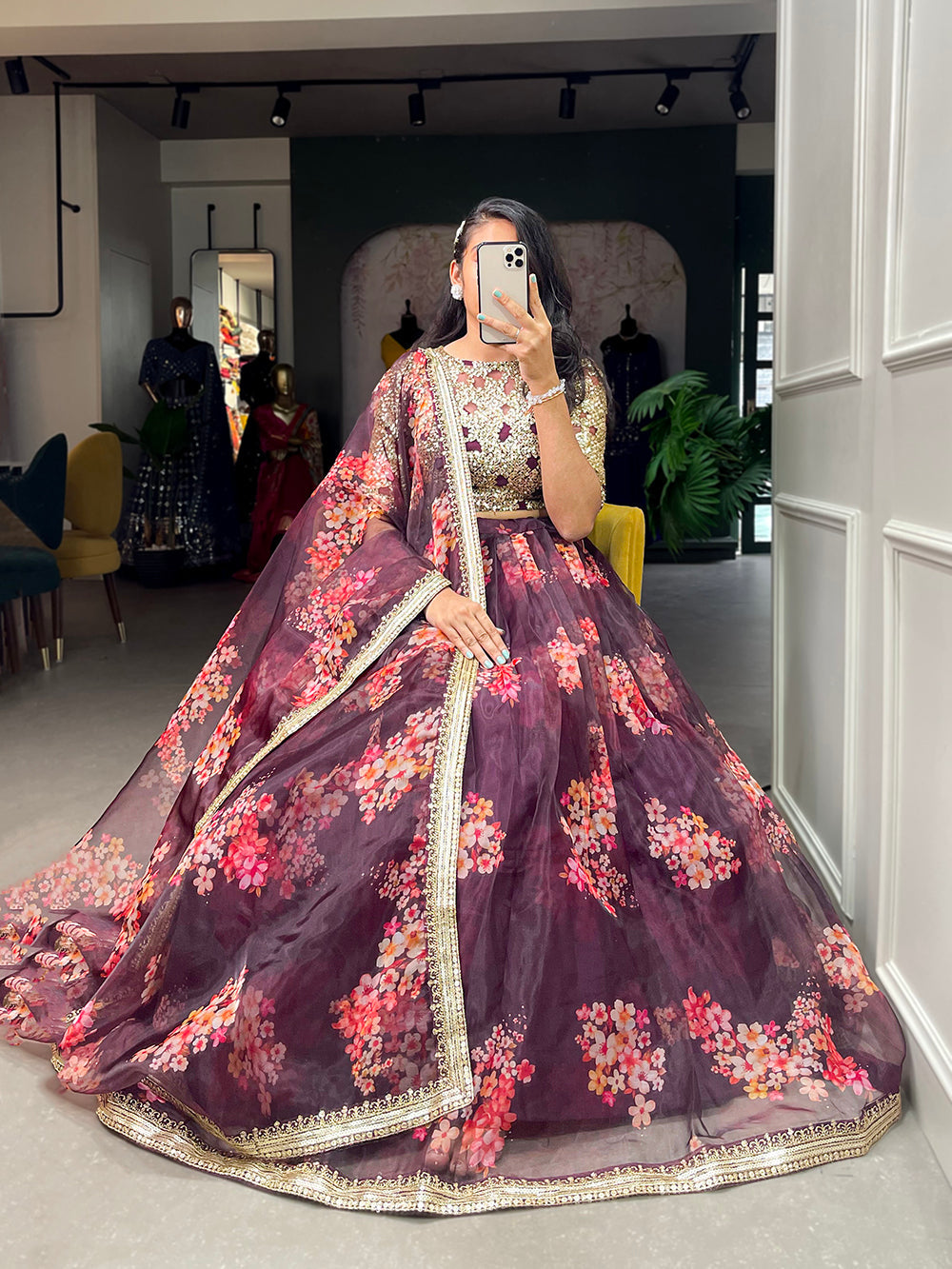 Wine Color Printed And Sequins Embroidery Lace Border Organza Lehenga Choli ClothsVilla.com