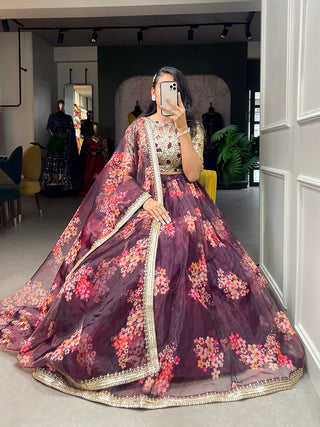 Wine Color Printed And Sequins Embroidery Lace Border Organza Lehenga Choli ClothsVilla.com