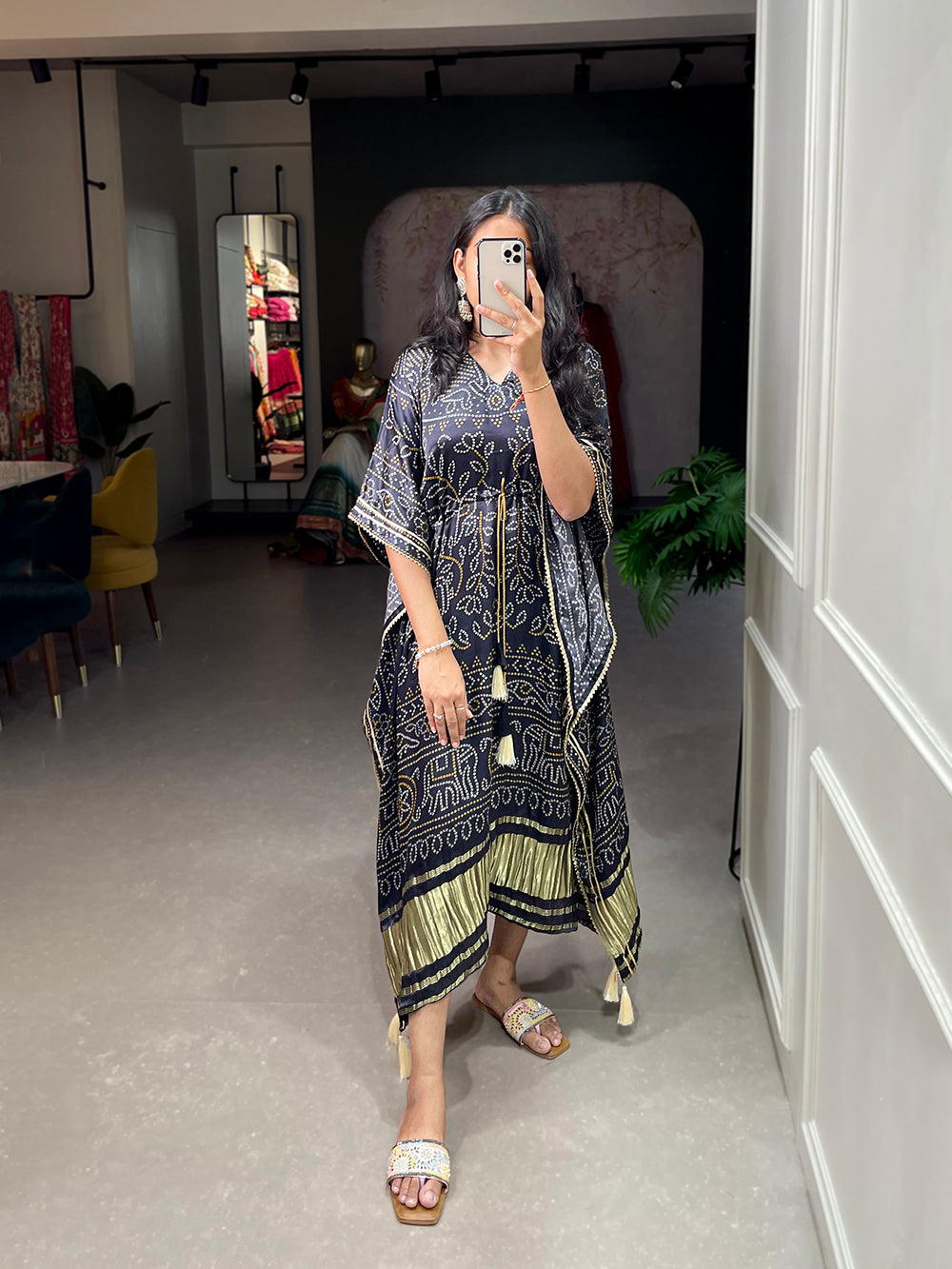 Black Color Bandhej Print With Gotta Patti Lace Border Gaji Silk Kaftan ClothsVilla.com